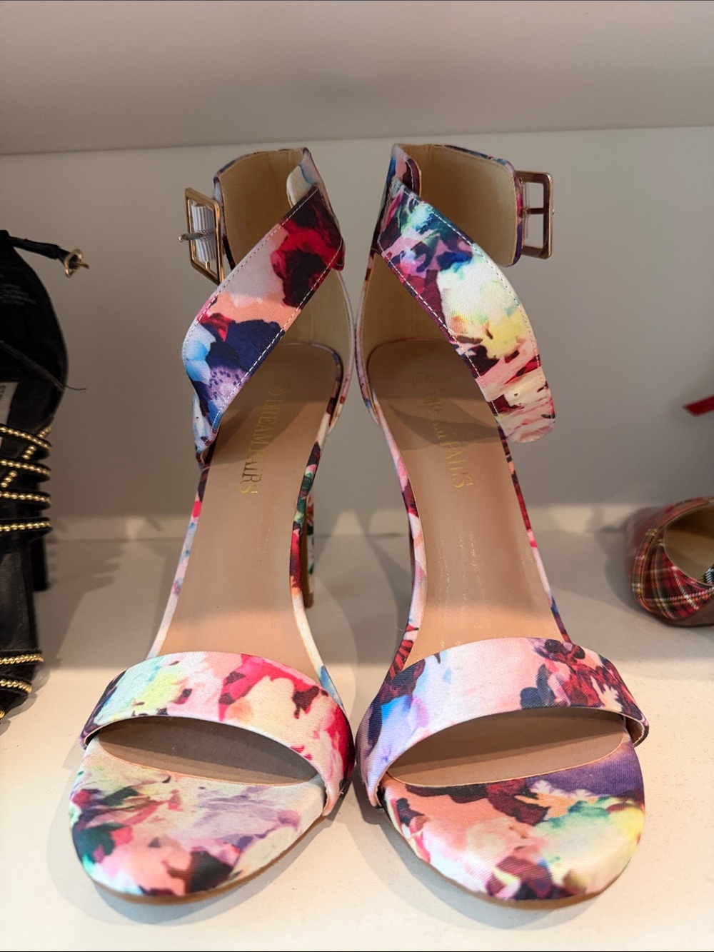 Dream Pairs Multicolor Floral Ankle-Strap Heels - Pink Purple Blue